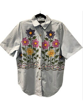 Vintage 80s 90s Textured Flower Shirt Cottagecore Novelty Button Up Large Casual